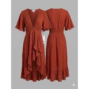 L.I.F.E. Rust Crochet V-Neck High Low Dress Size Medium NWT